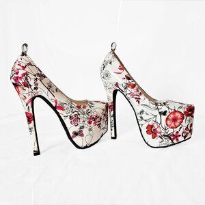Ami Club Wear Red and White Floral 6 inch Platform High Heels Missing Straps